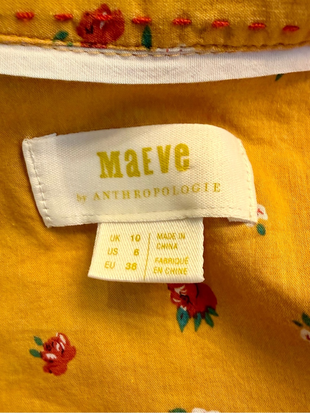 Mauve Anthropologie Mustard Floral Smocked Blouse Cotton Button Up Size 10 - Picture 11 of 12
